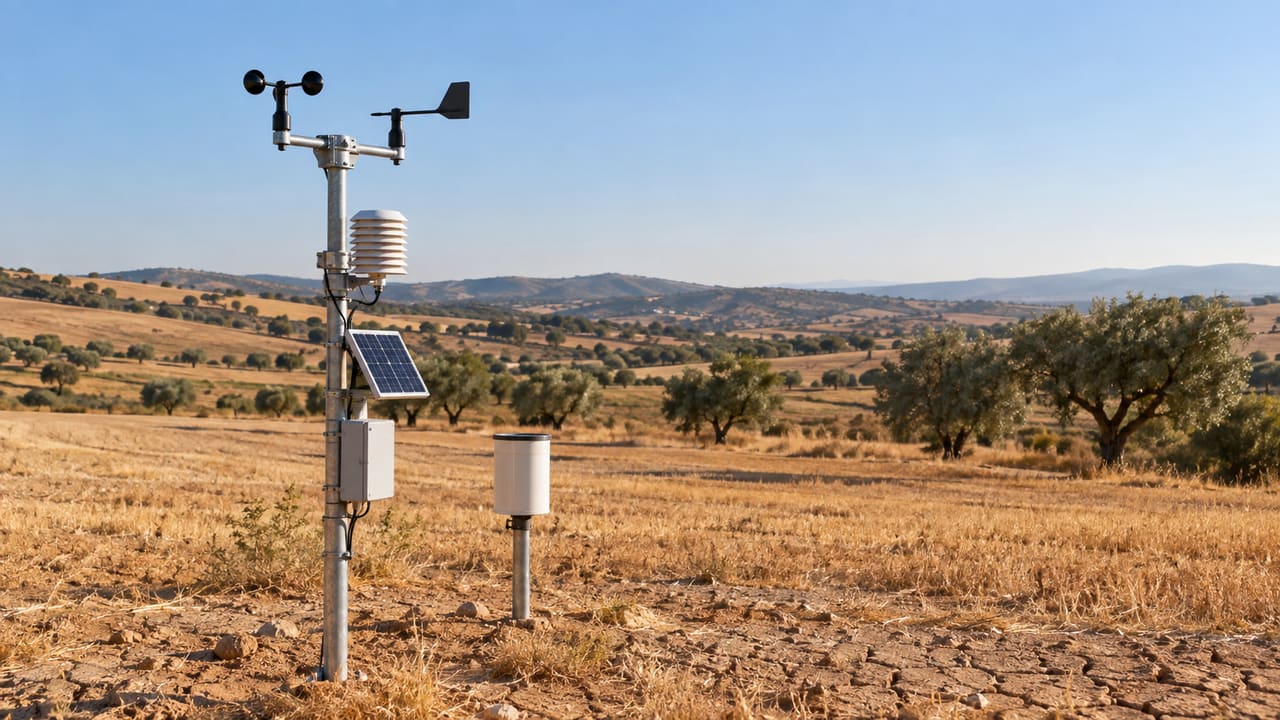 Estación meteorológica sobre trípode en un campo seco bajo un cielo despejado de septiembre