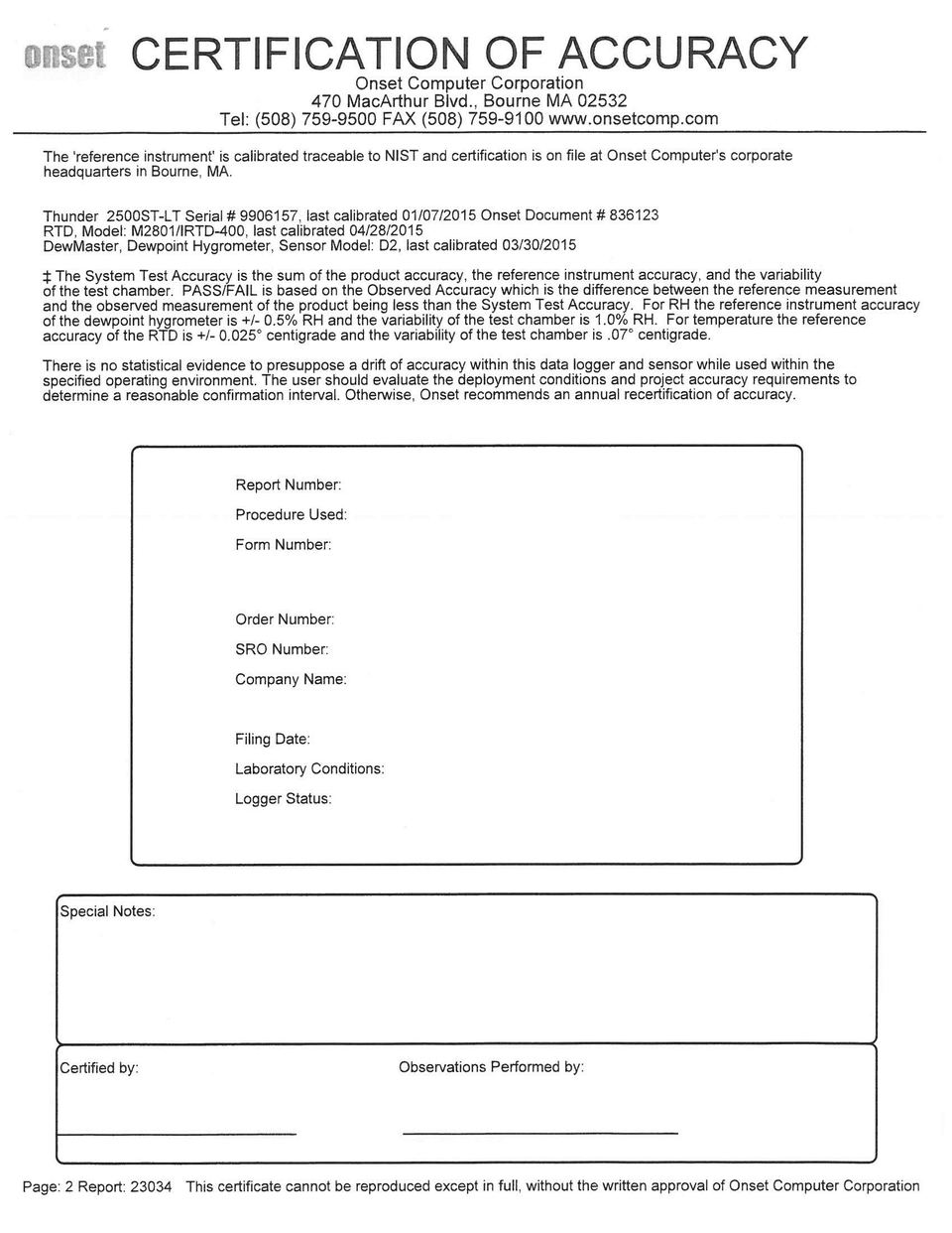 NIST Temperature Point Certification