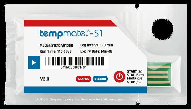 tempmate.®-S1 V2 Registrador de Temperatura de un solo uso conforme a la norma EN12830