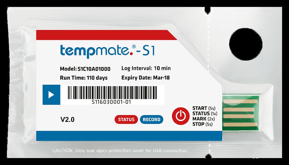 tempmate.®-S1 V2 Registrador de Temperatura de un solo uso conforme a la norma EN12830